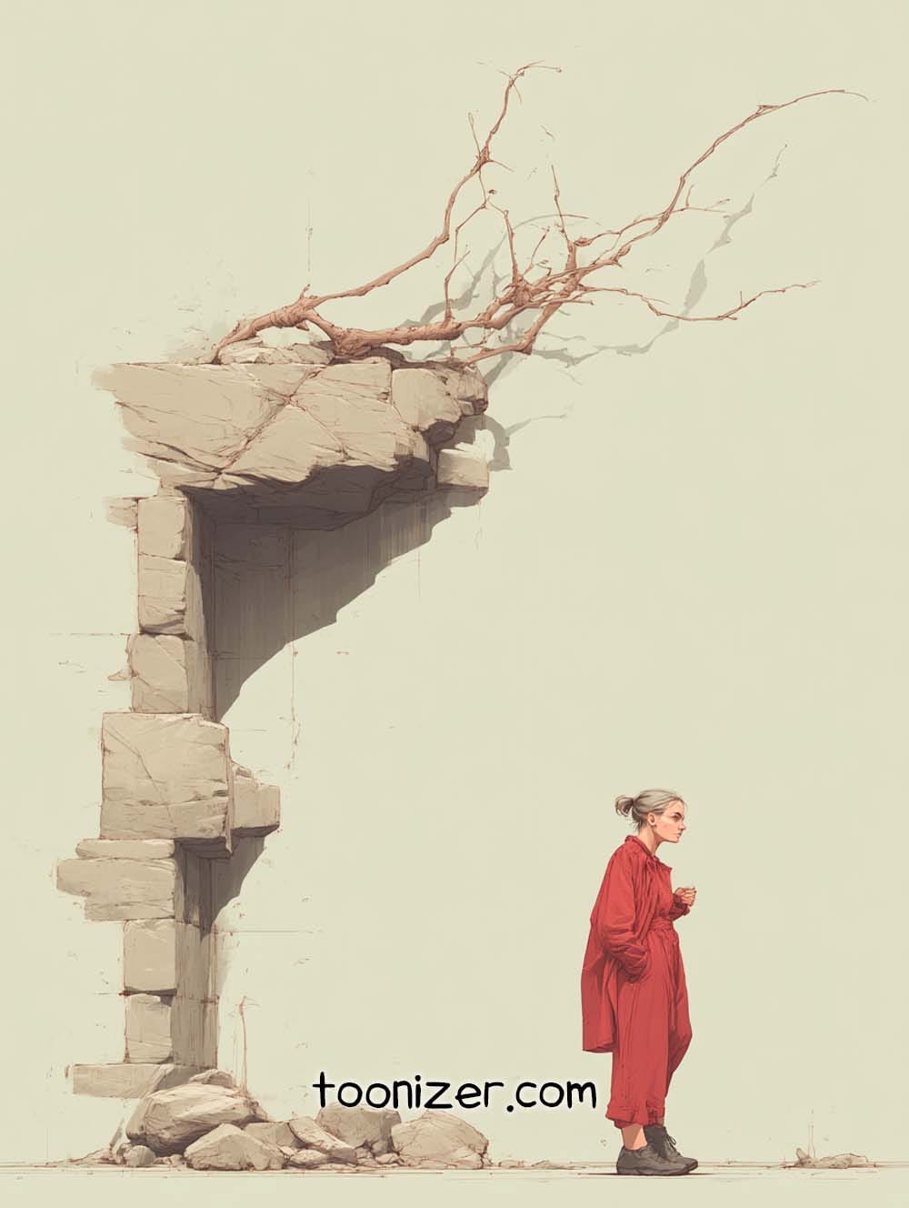 Woman in red near stone archway with branches.