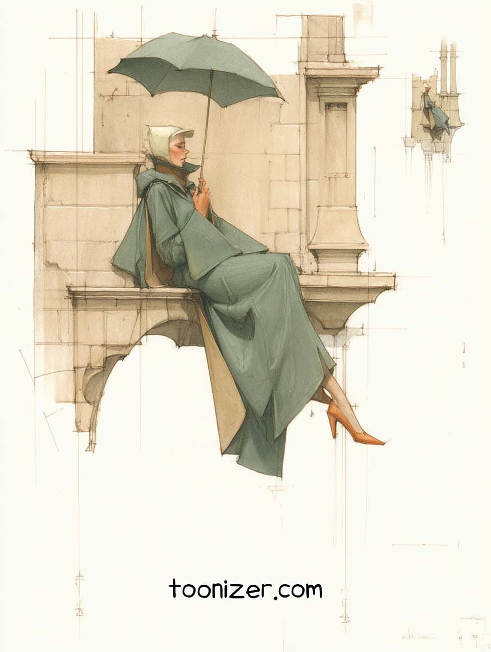 Woman sitting on ledge holding umbrella