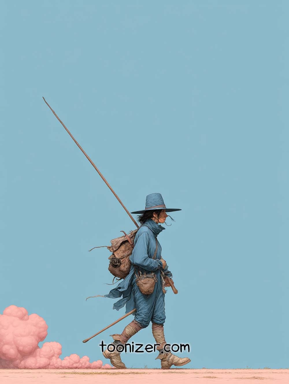 Traveler in blue with staff and backpack