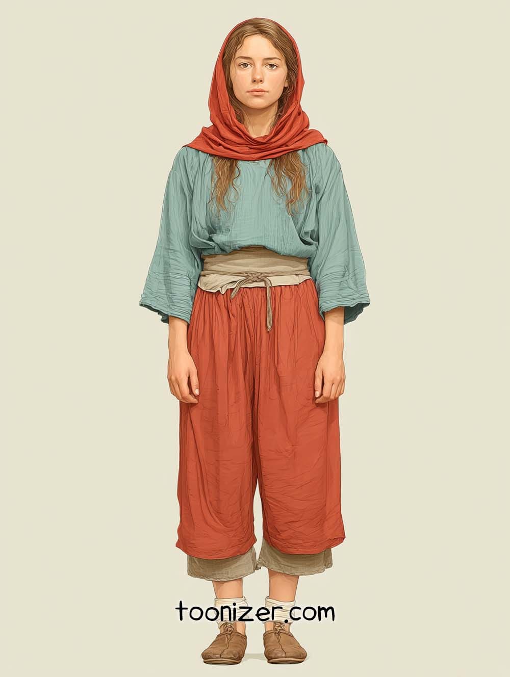 Woman in historical clothing with headscarf.