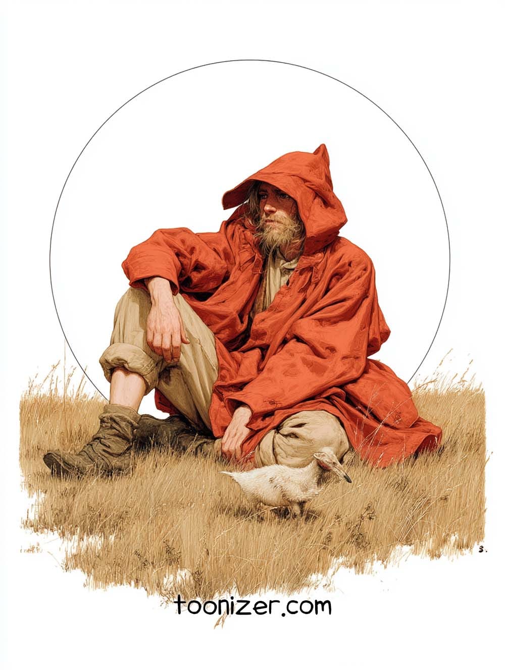 Person in red cloak sitting beside a duck