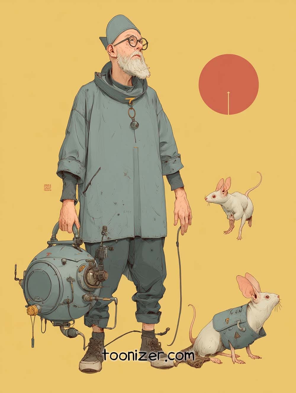 Scientist with device and two mice.