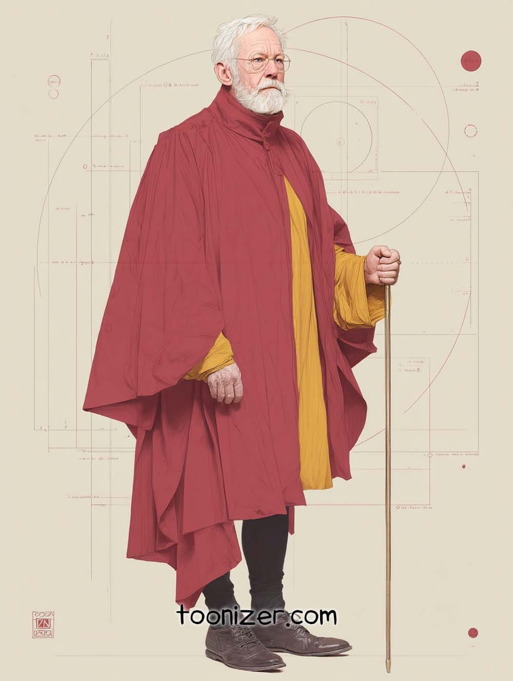 Elderly man in red robe with walking stick.