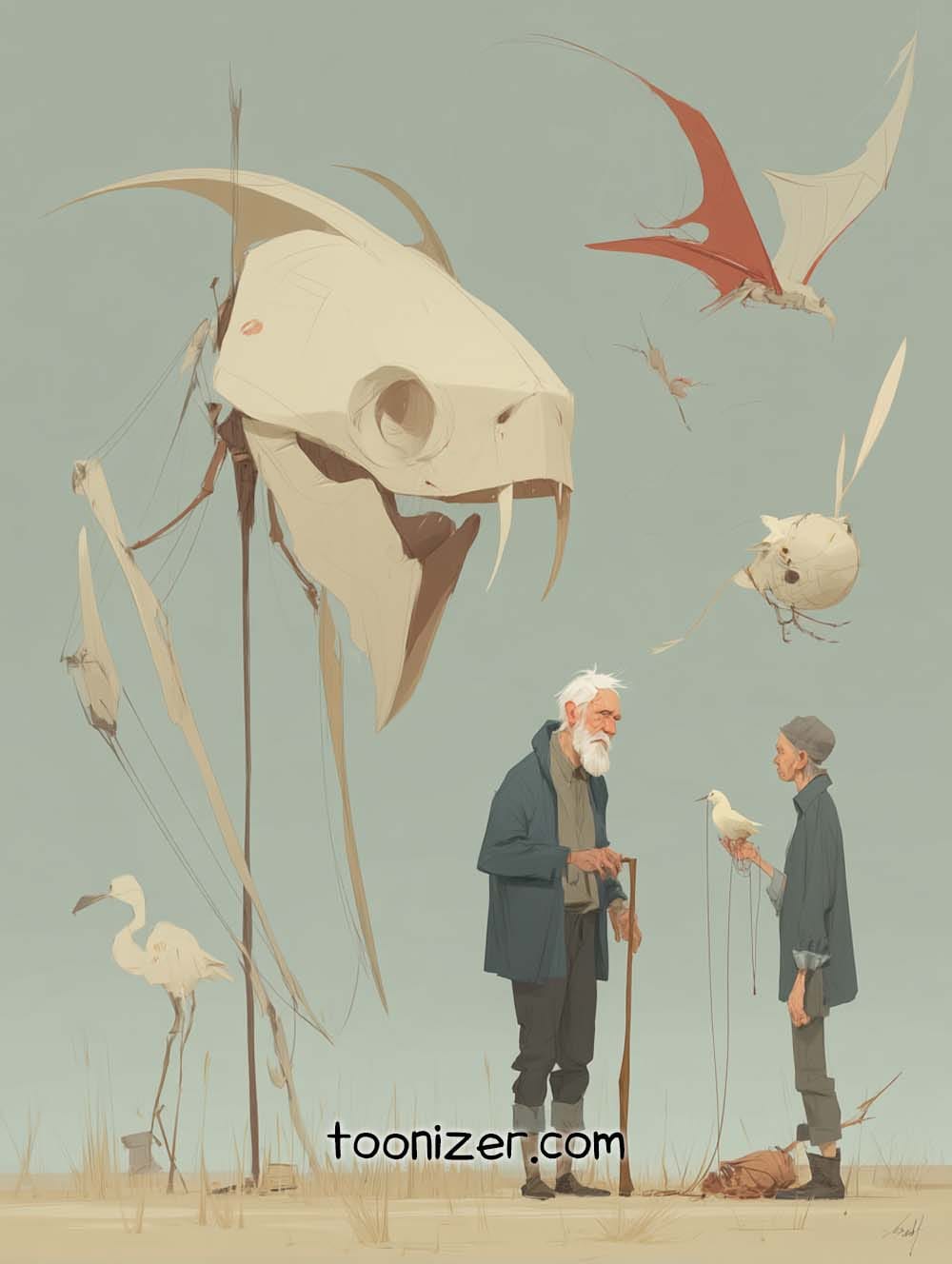 Surreal scene with people and floating creatures.