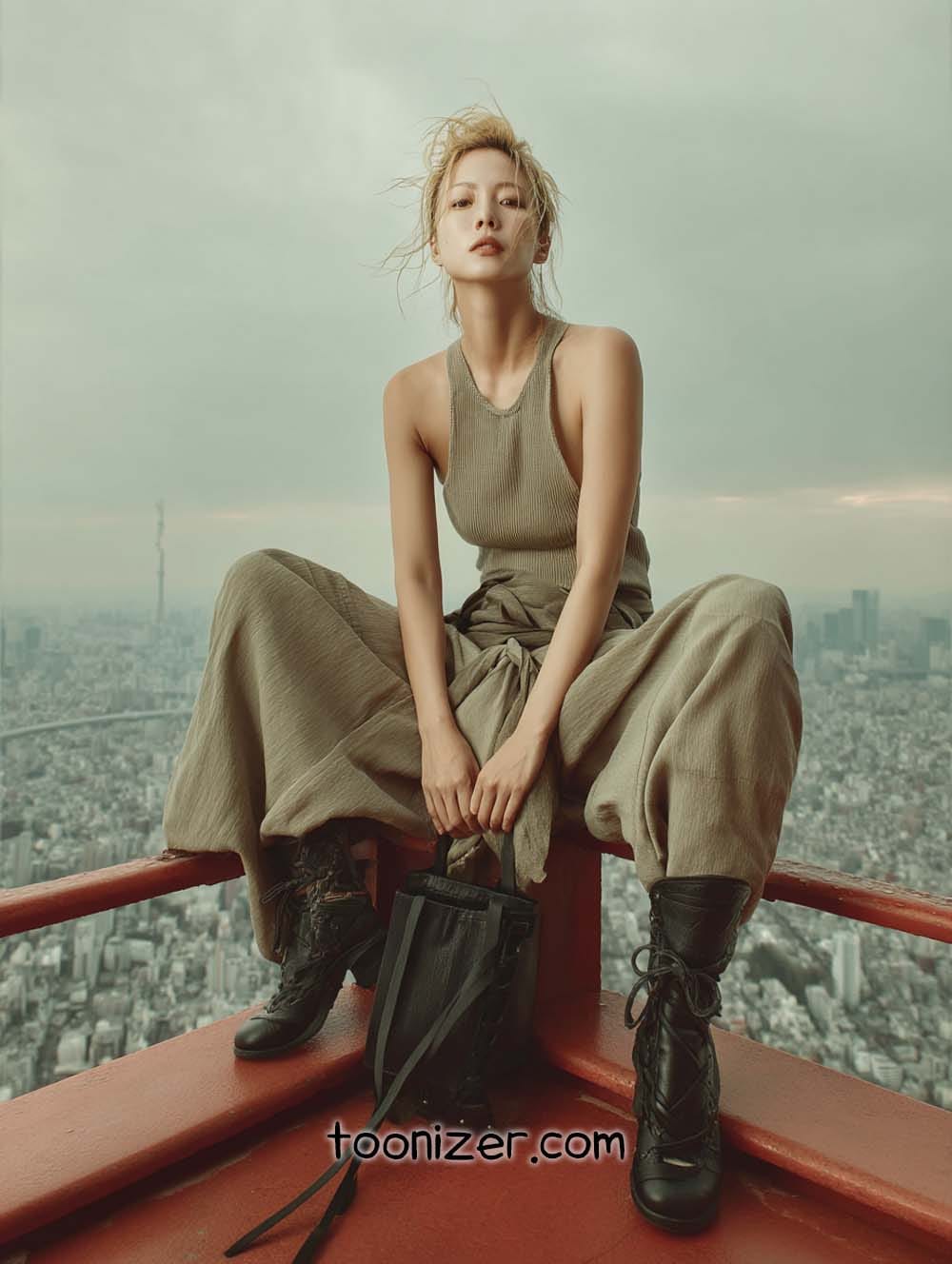Person sitting on Tokyo Tower ledge with city view.