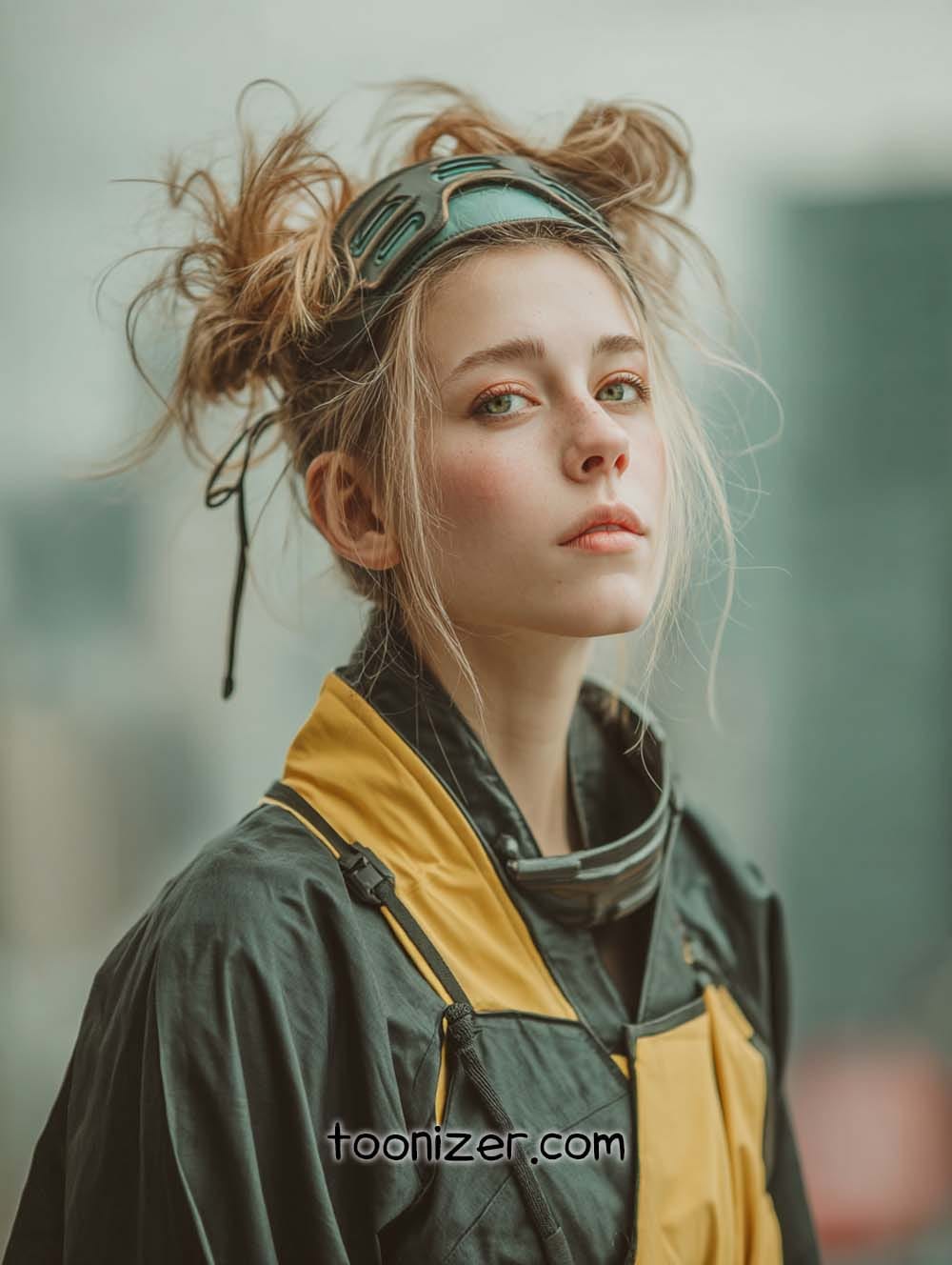 Person with buns, wearing goggles and yellow jacket.