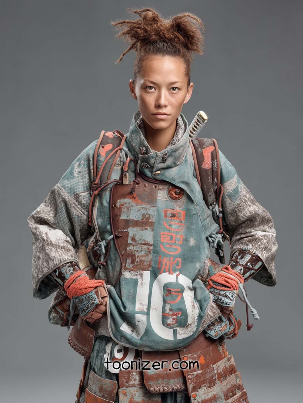 Person in futuristic samurai armor with sword.