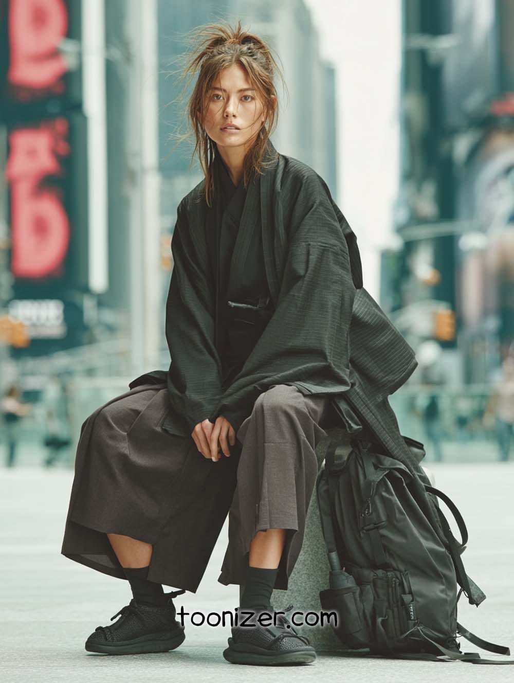 Person in urban setting with backpack, wearing black outfit.