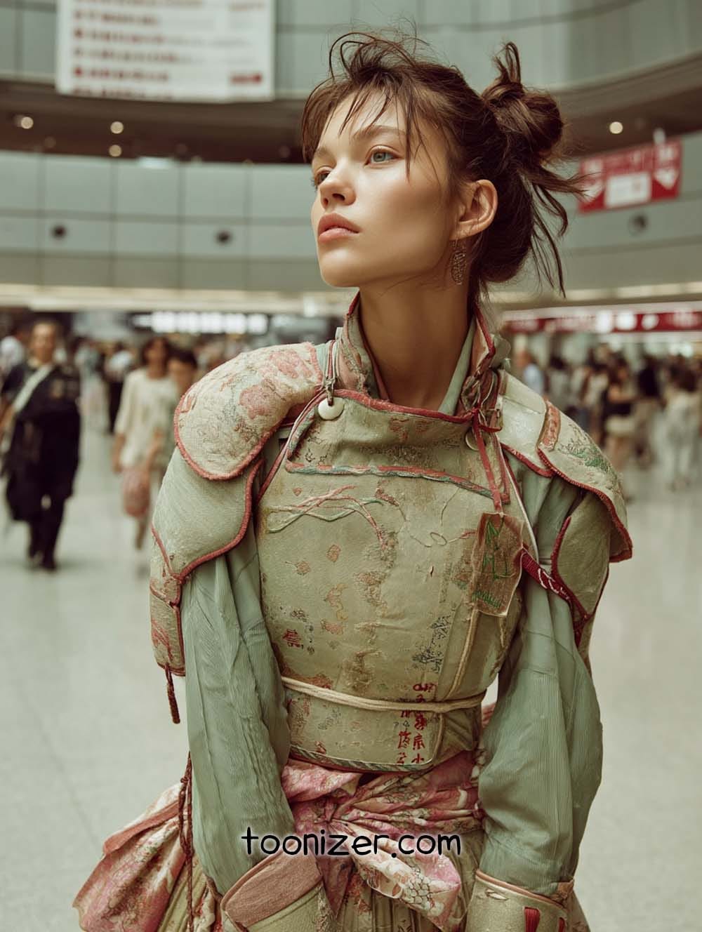 Person in traditional attire at busy station