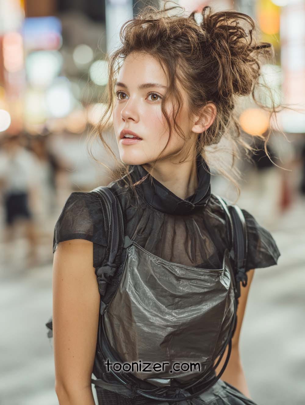 Model in urban street at night