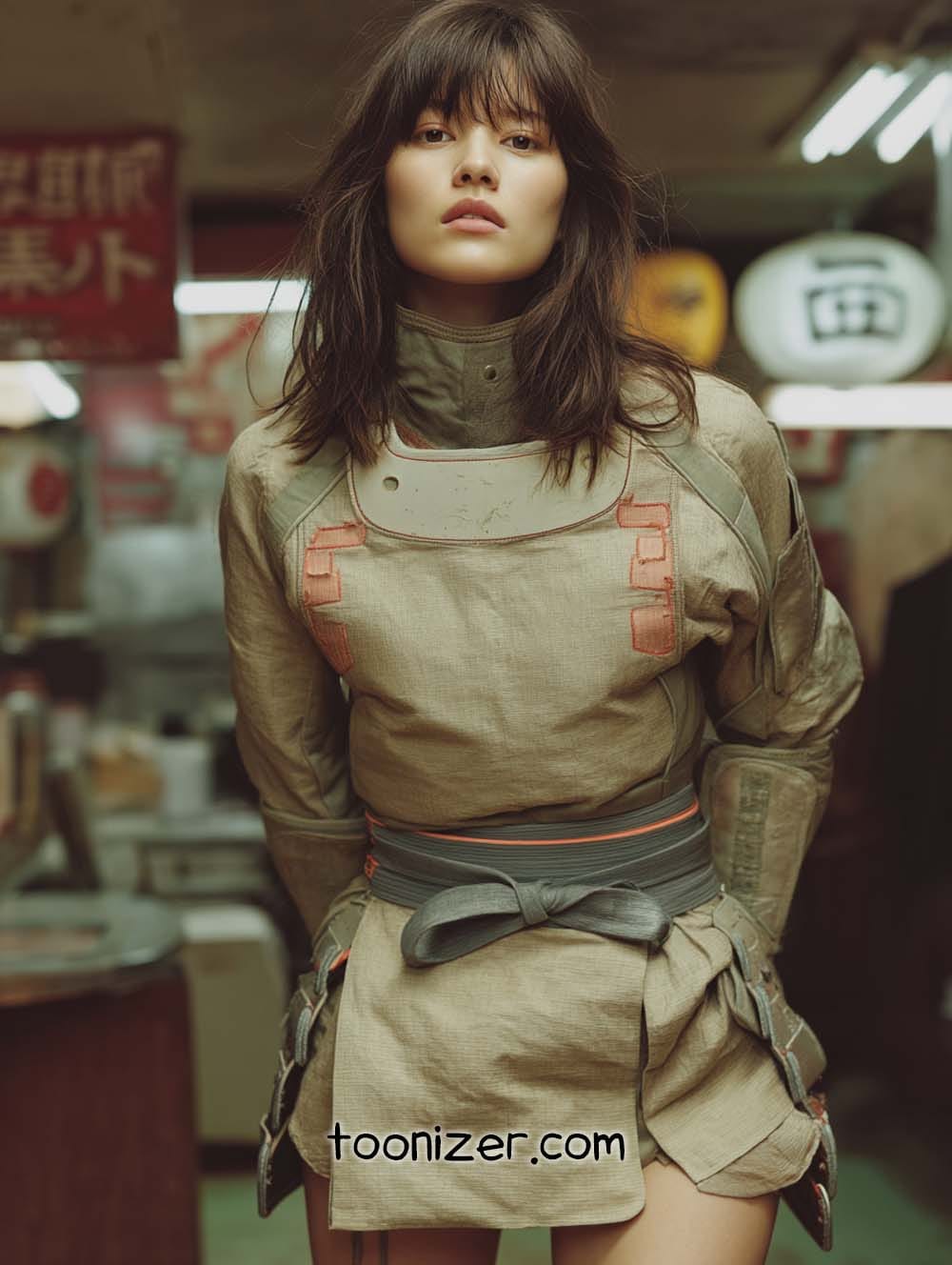 Person in futuristic outfit in urban setting