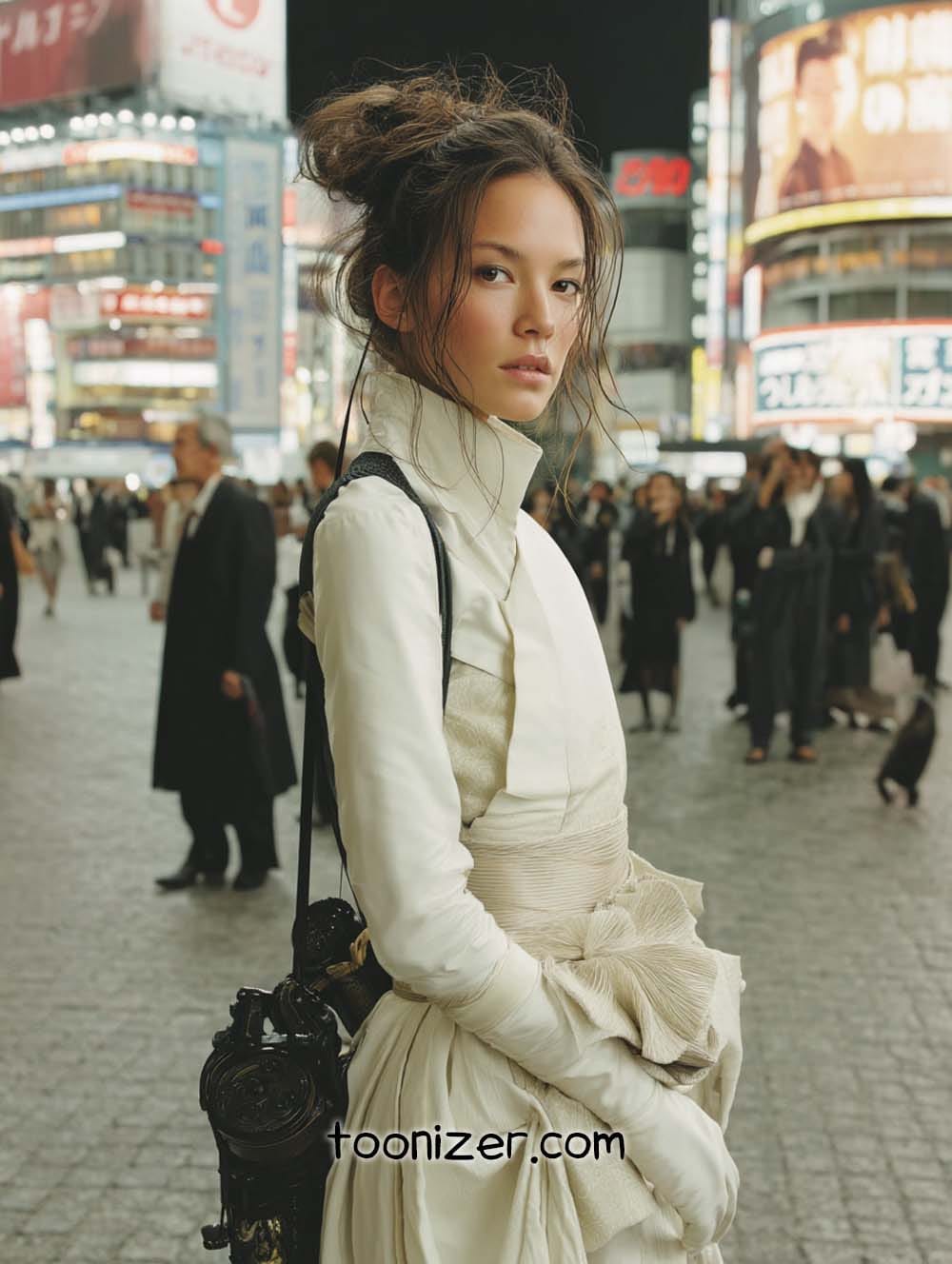 Fashionable woman in busy urban setting at night.