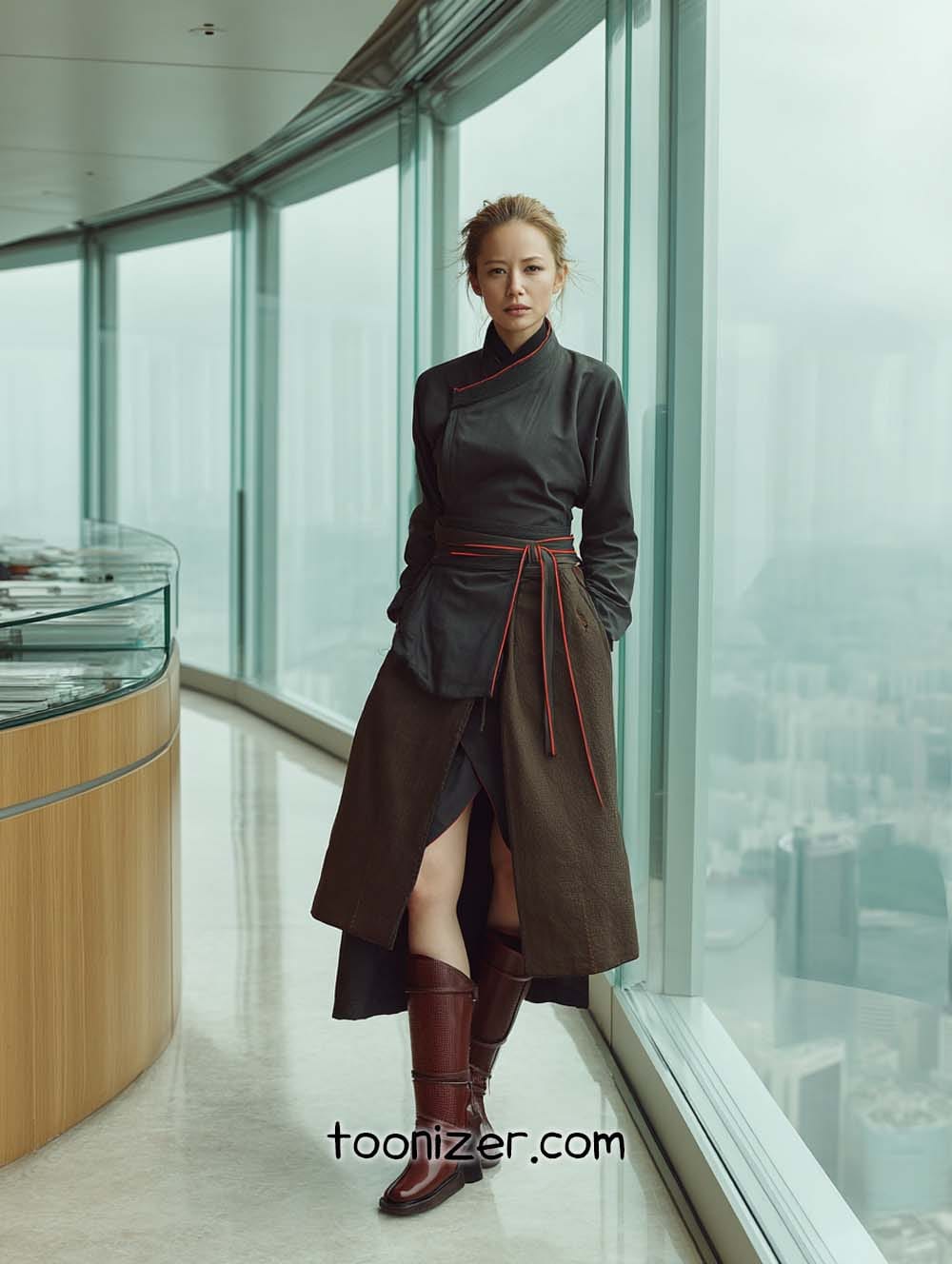 Woman in elegant dress with city view