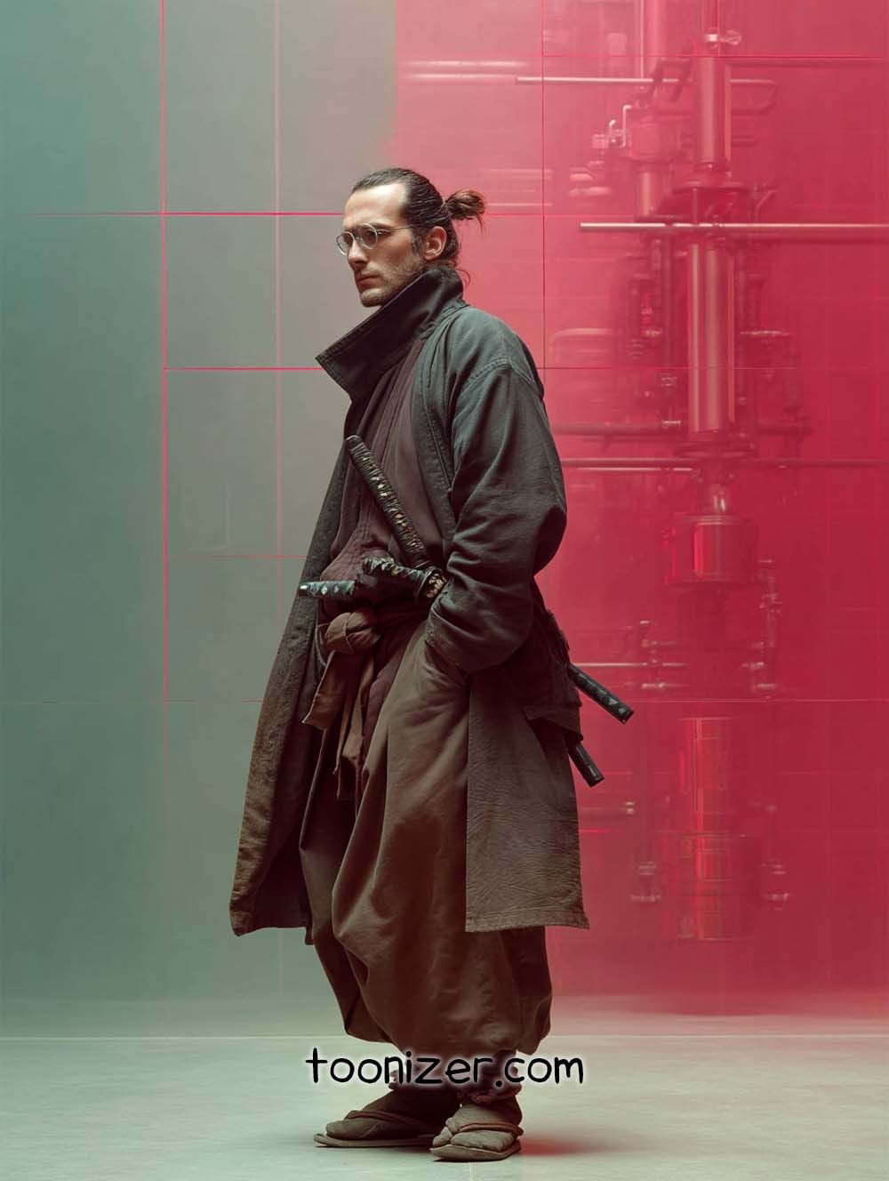 Person in traditional attire with swords in modern setting.