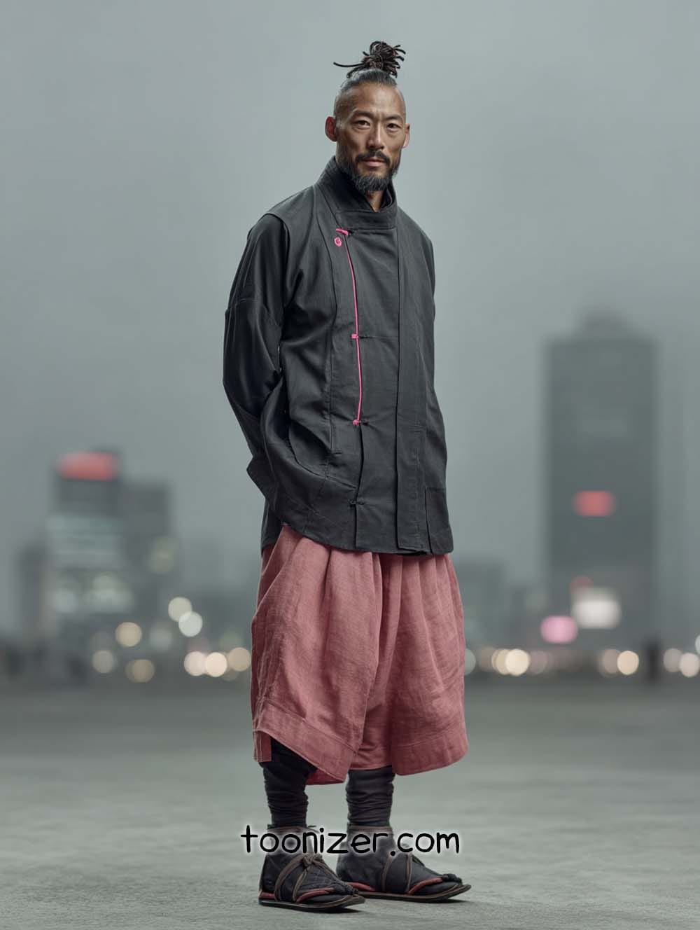 Stylish man in urban Asian-inspired attire