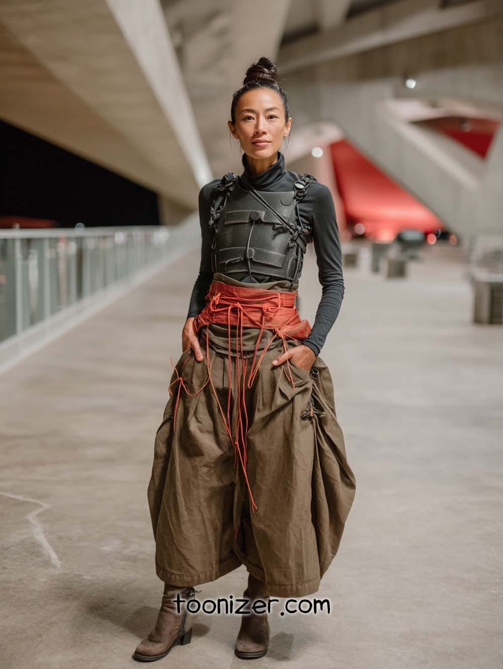 Woman in futuristic fashion outfit indoors