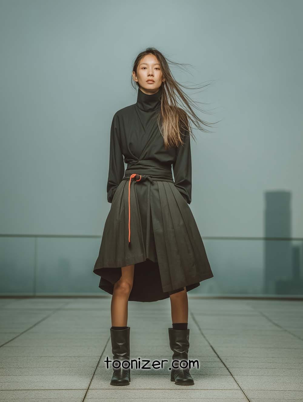 Model in black dress on rooftop