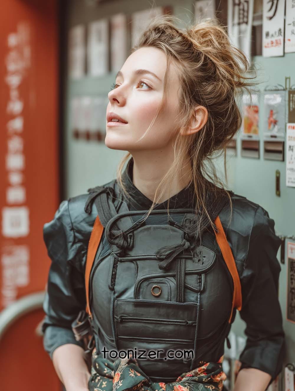 Woman looking up in streetwear fashion outfit.