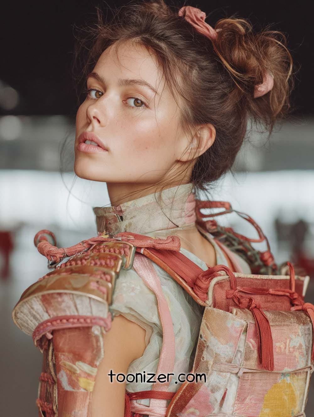 Woman with intricate, colorful clothing and bun hairstyle.