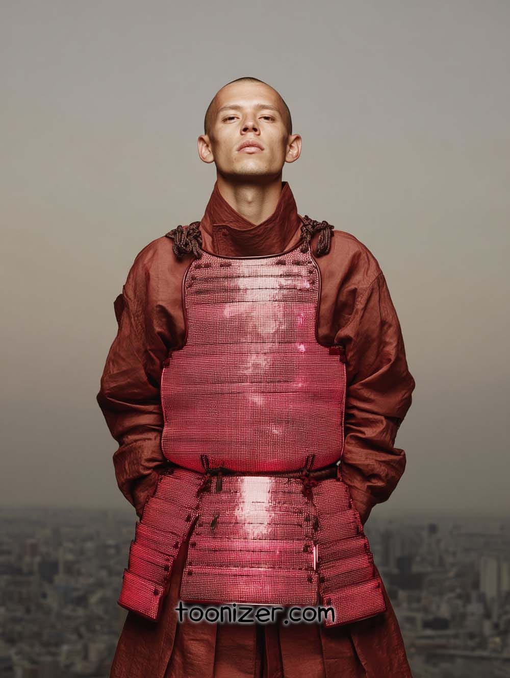 Person wearing vibrant red armor.