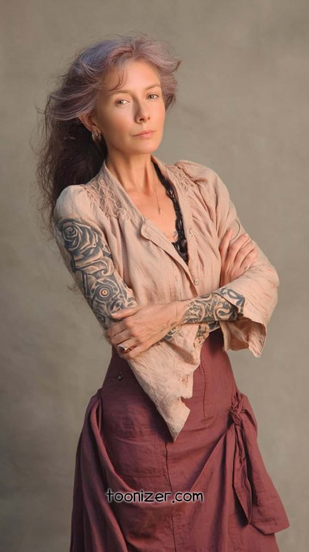 Woman with tattoos in a vintage outfit.
