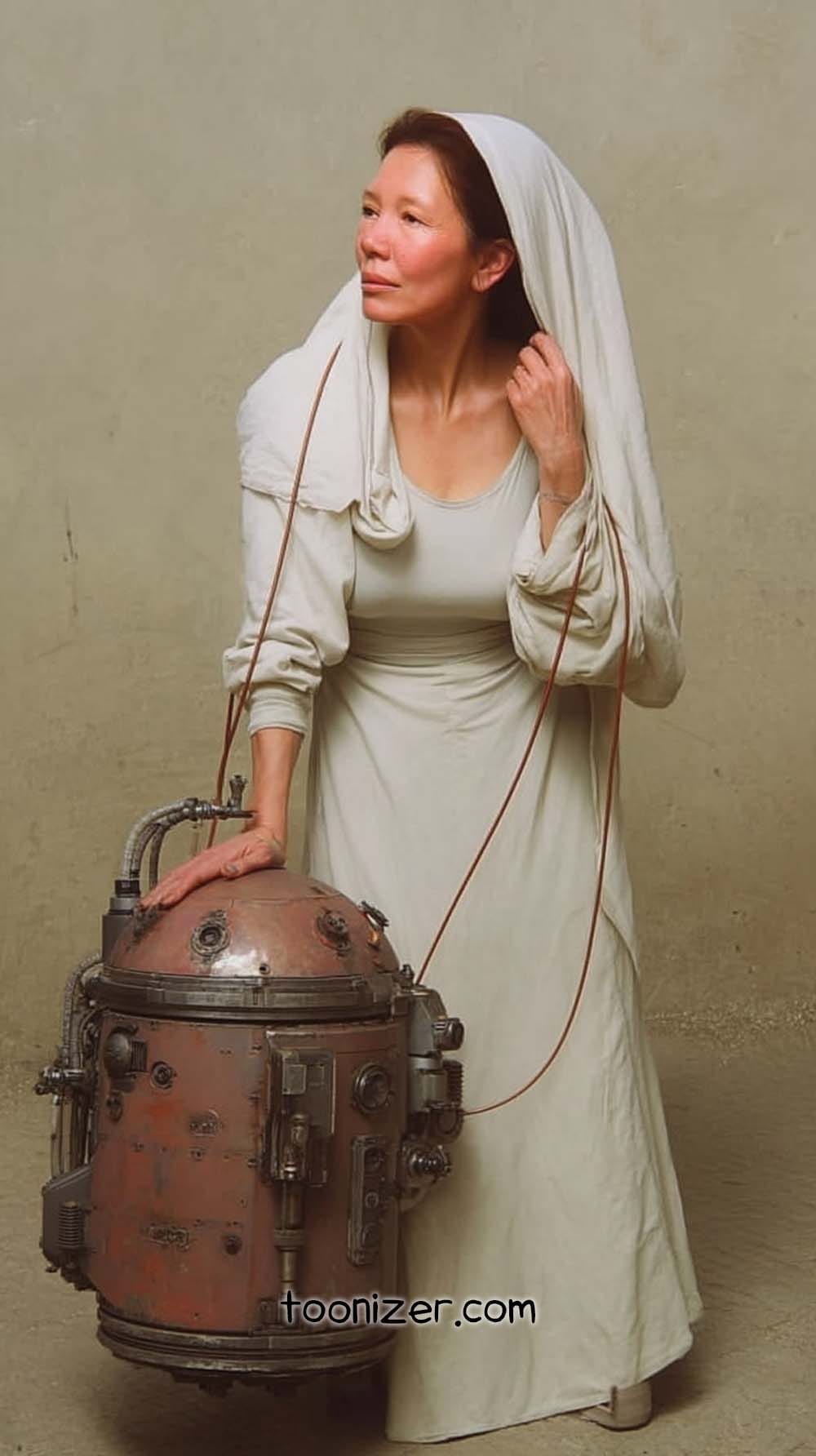 Woman in white robe with steampunk machine