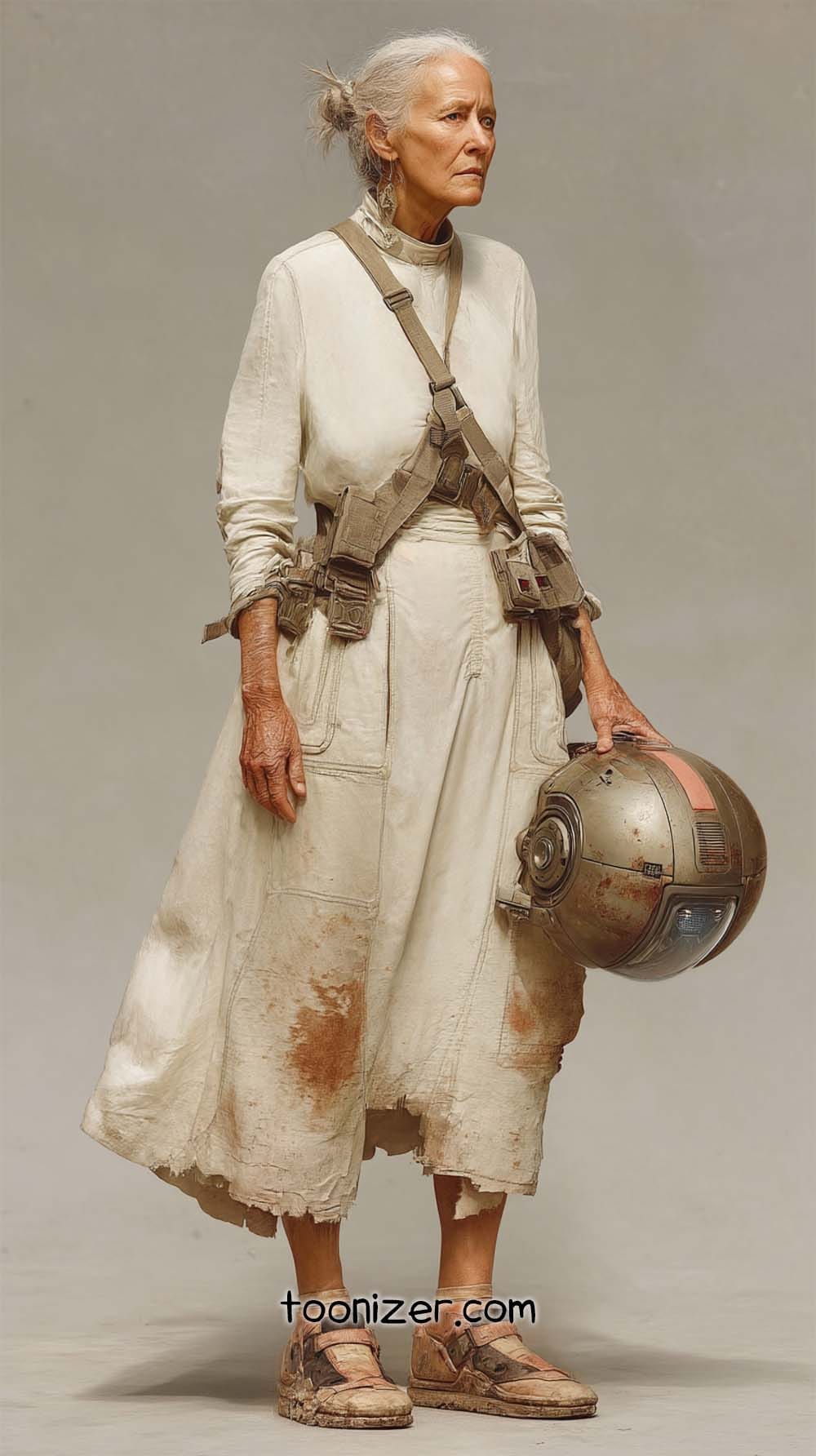 Elderly woman in futuristic attire with helmet.