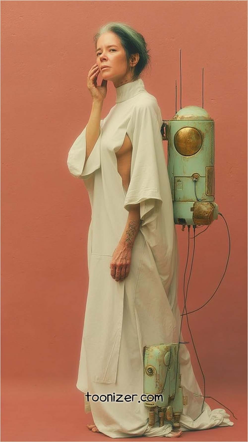 Person in futuristic attire with robot on pink background.