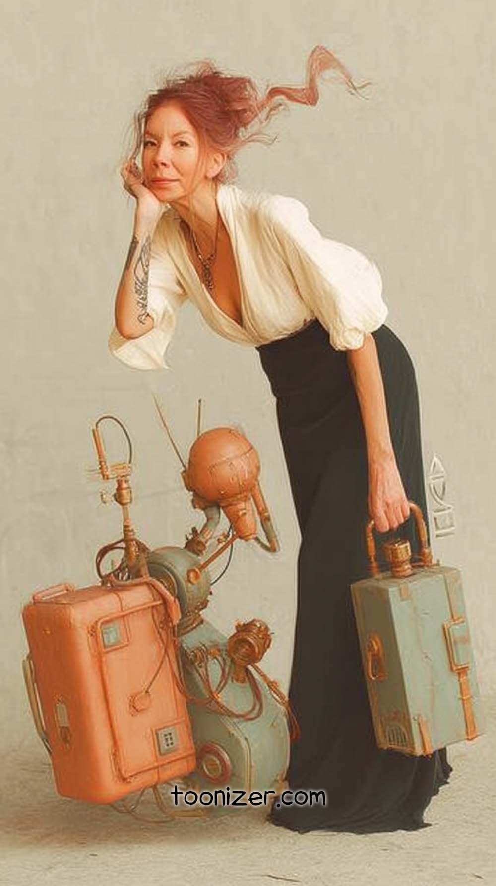 Woman with suitcases, mechanical robot, whimsical pose
