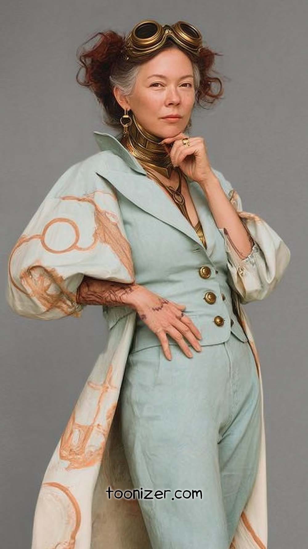 Woman in steampunk attire with goggles and jewelry.