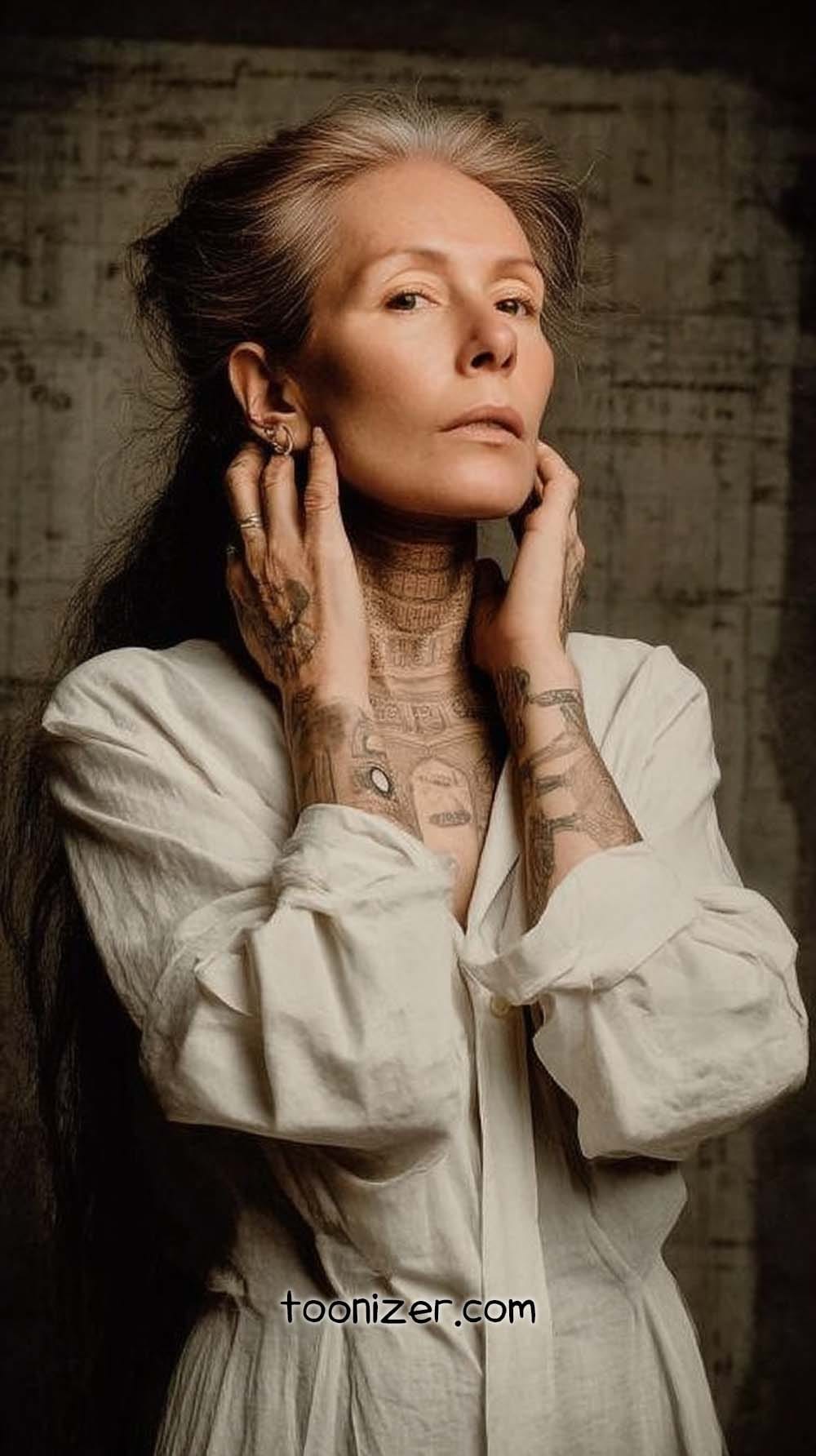 Elegant woman with tattoos in white attire.