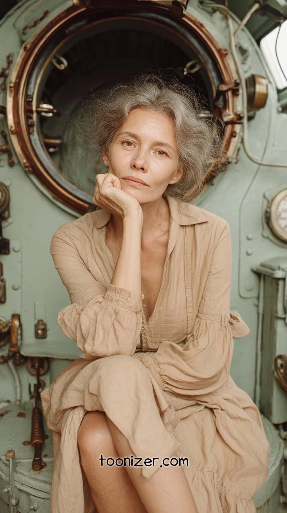 Woman sitting thoughtfully in vintage setting