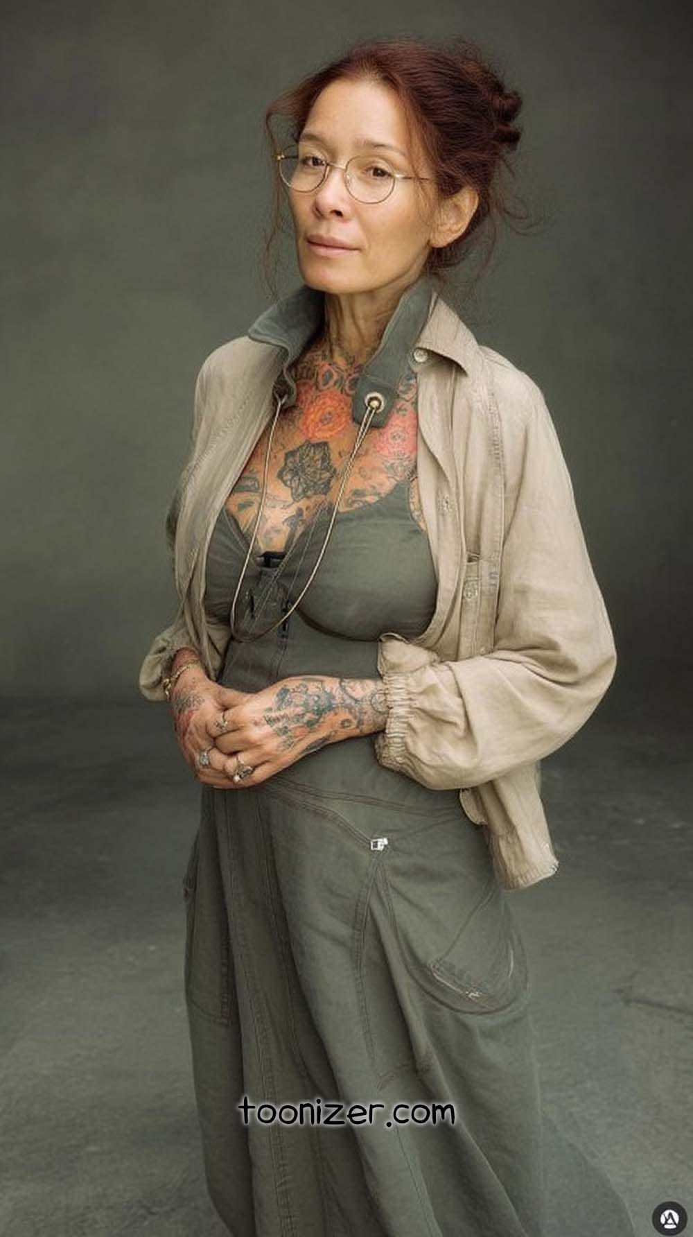 Woman in green dress with tattoos and glasses.