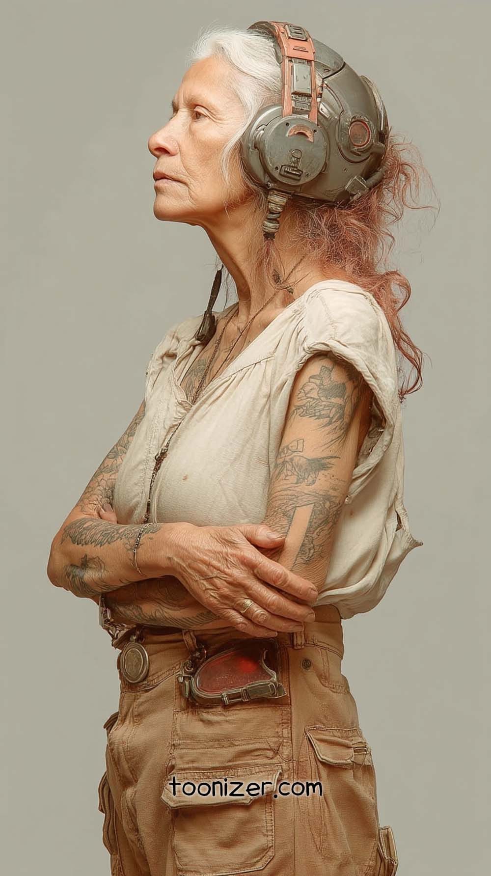 Elderly woman with headphones and tattoos, side profile.