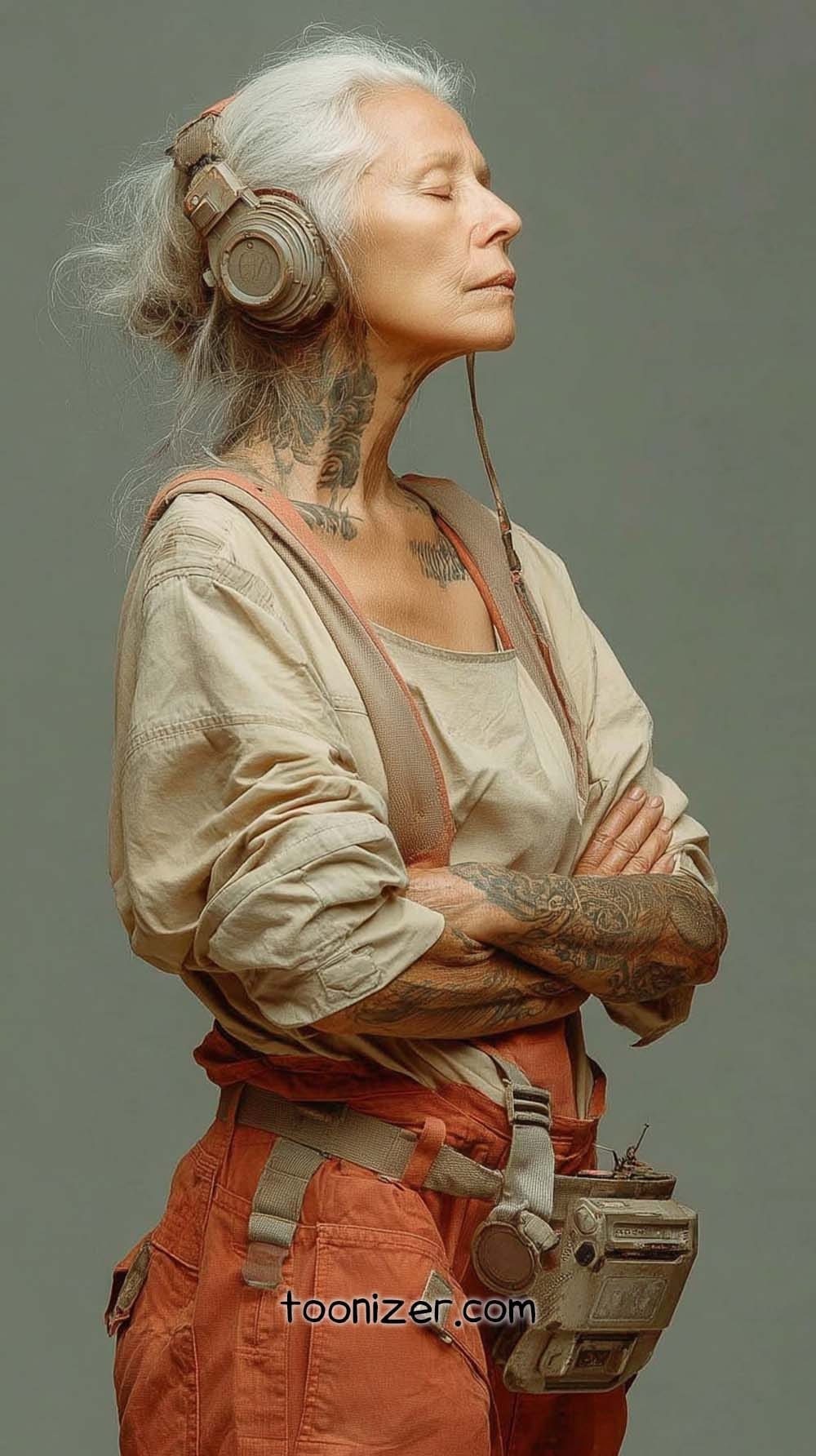 Older woman wearing headphones, arms crossed.