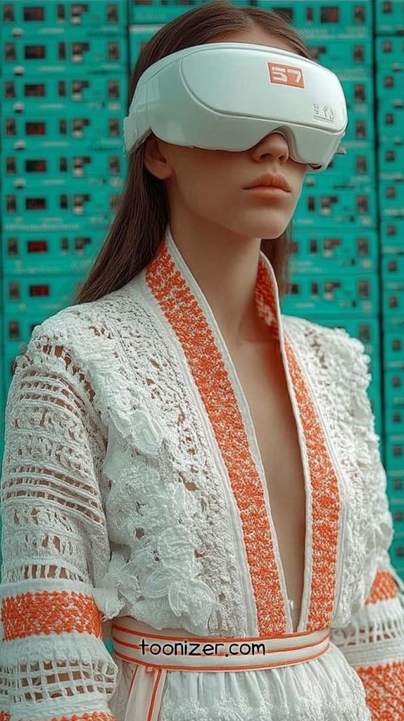 Woman wearing VR headset and lace robe