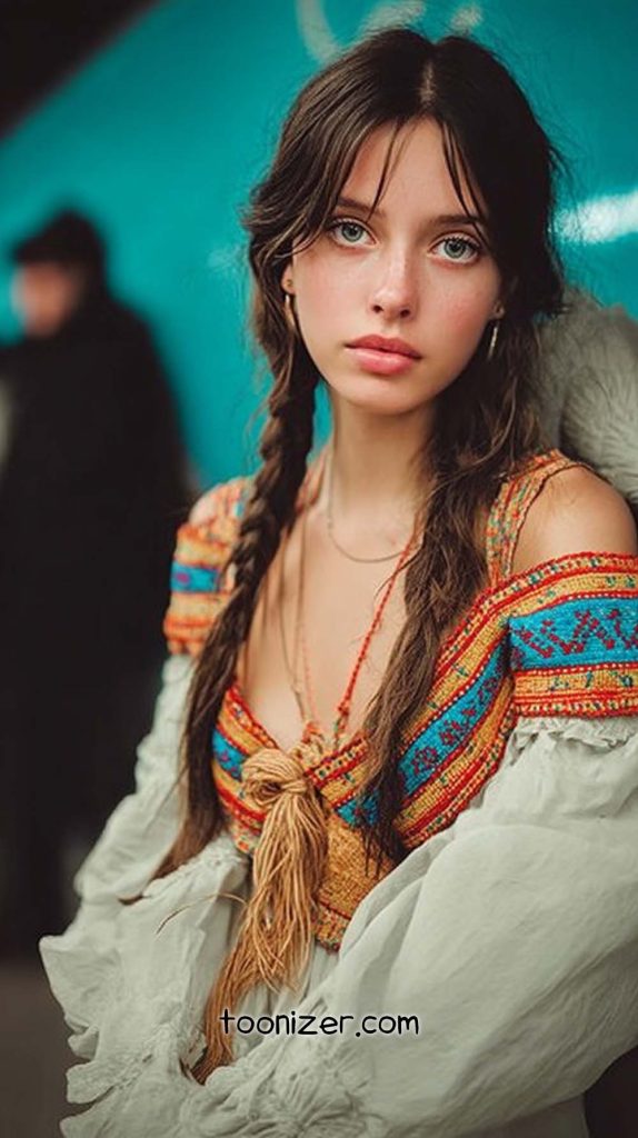 Woman in traditional dress, braided hair, colorful embroidery