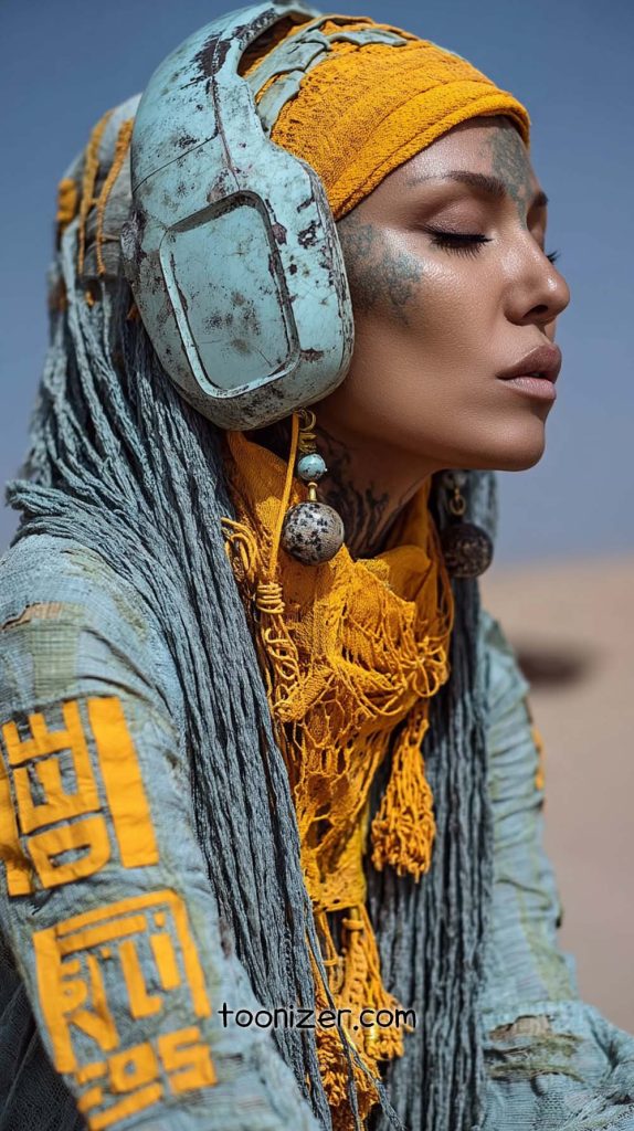 Woman in futuristic tribal attire with headphones.
