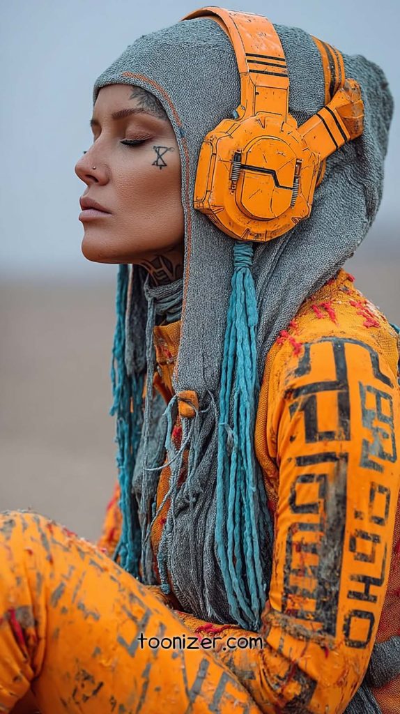 Futuristic character with orange attire and headphones.