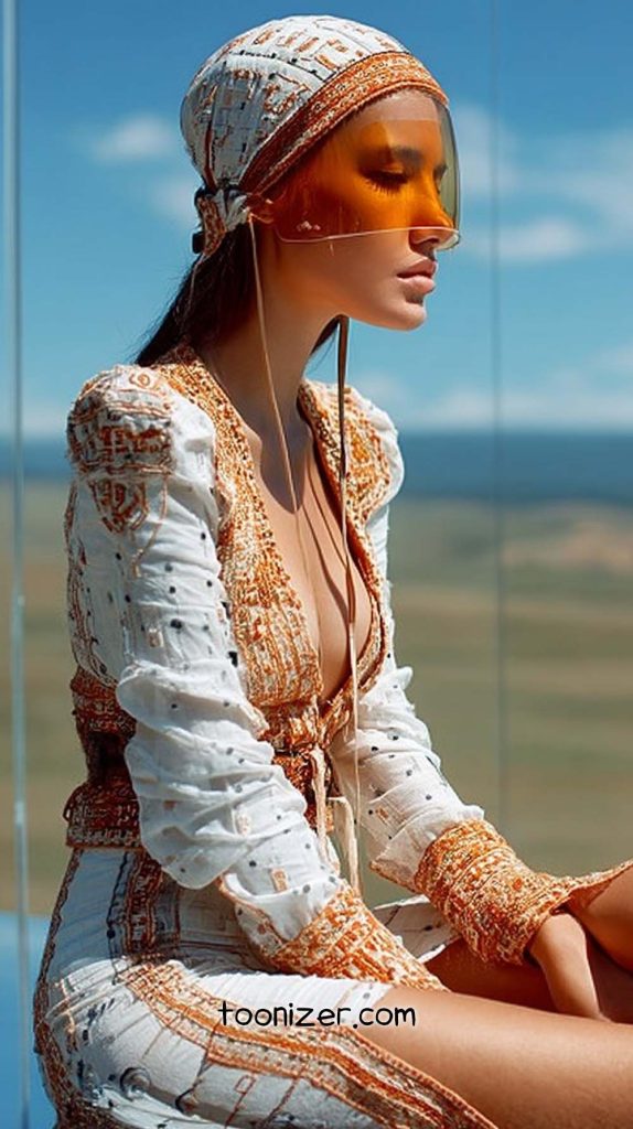 Woman in stylish dress wearing orange visor