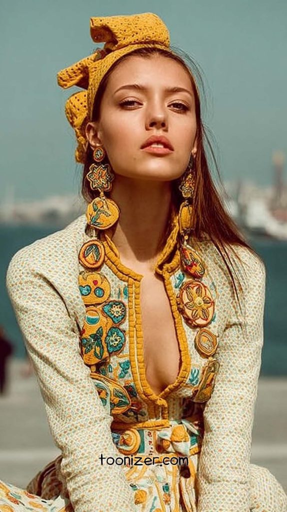 Model wearing yellow floral headscarf and patterned dress