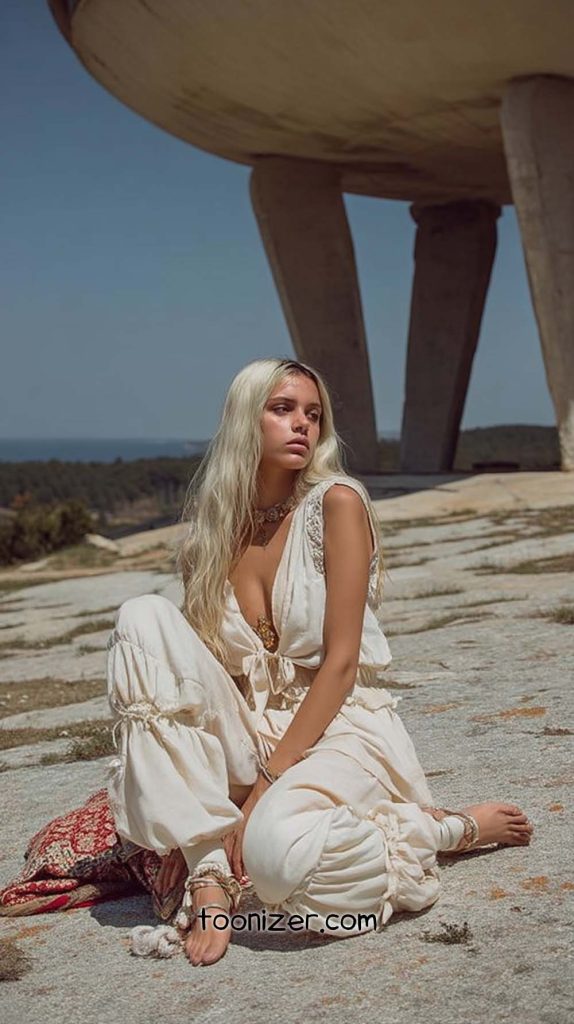 Woman in white dress near large concrete structure