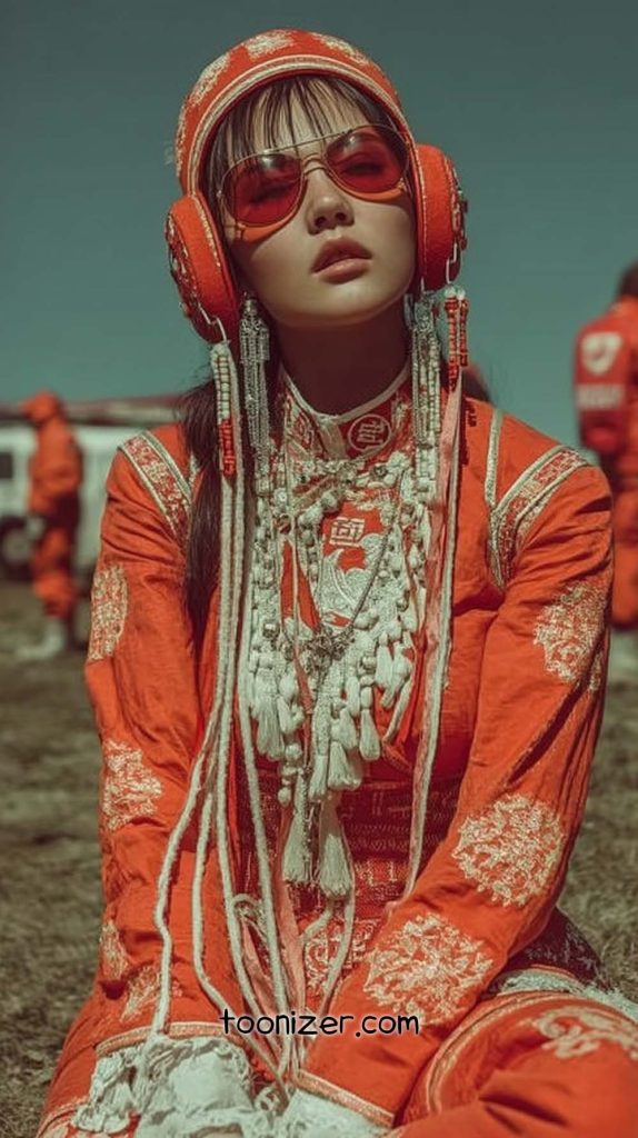 Person in traditional outfit with headphones, field background.