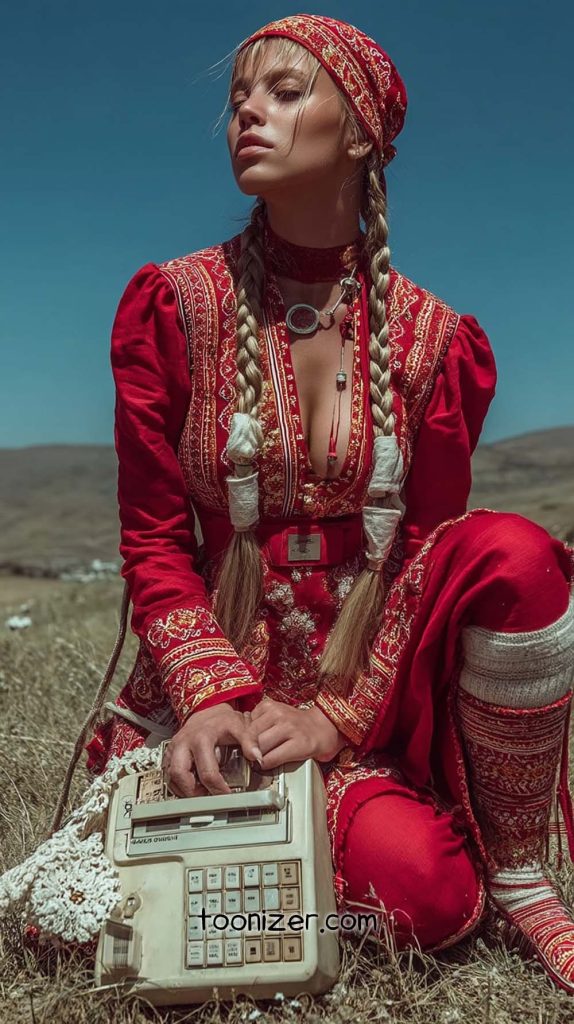 Woman in traditional attire with old typewriter.