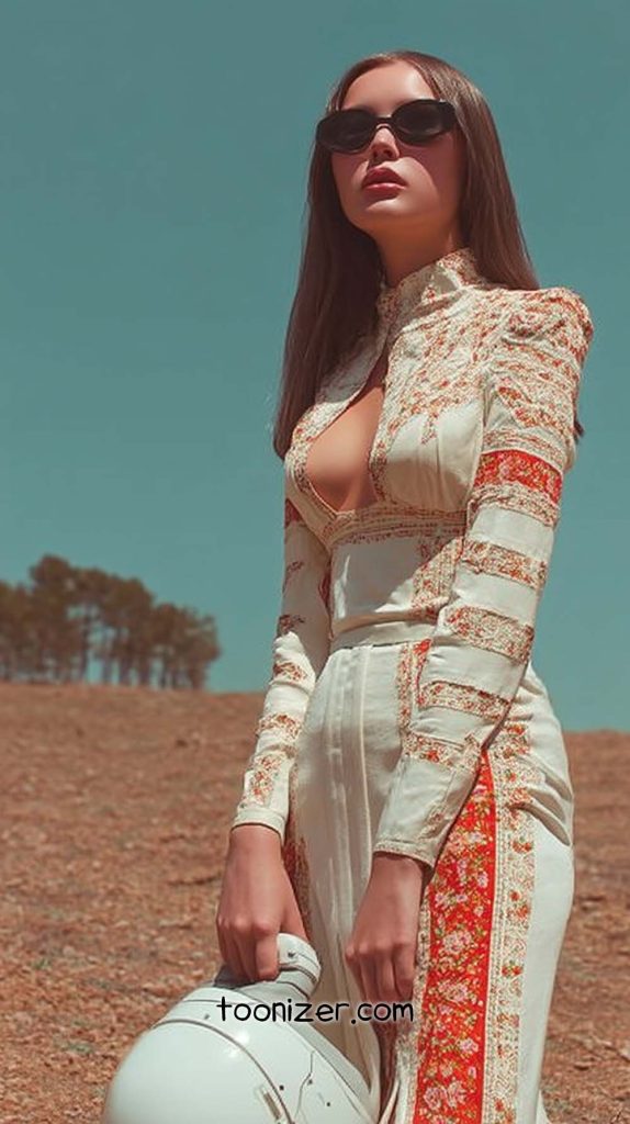 Woman in patterned outfit holding helmet outdoors