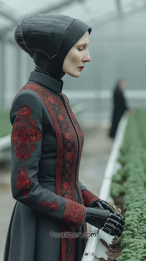 Futuristic figure in detailed attire, examines plants.