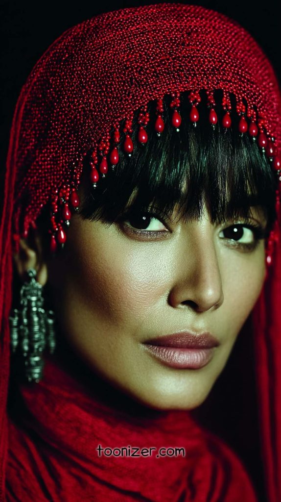 Woman in red headscarf with earrings