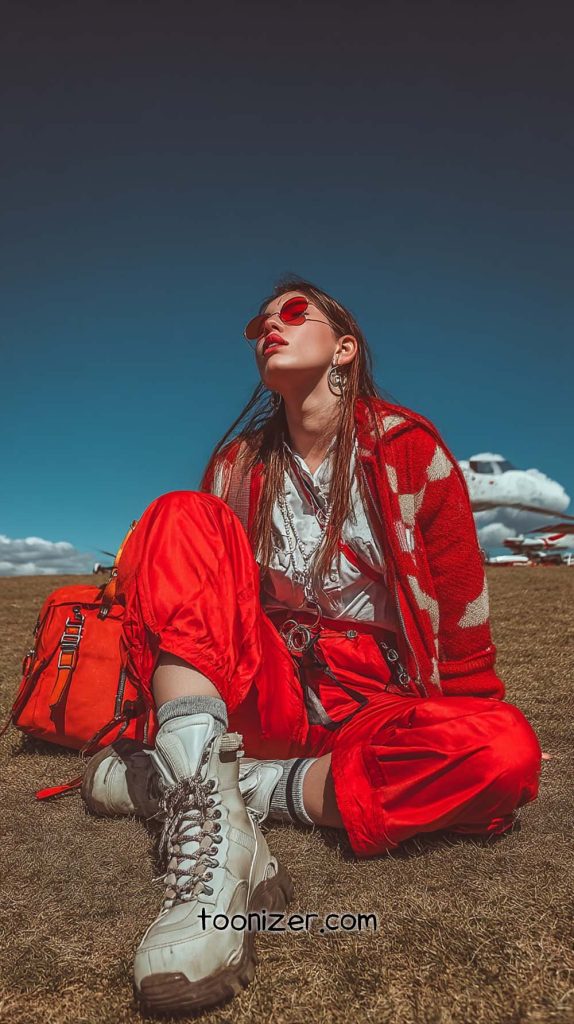 Fashionable person in red outfit seated outdoors.