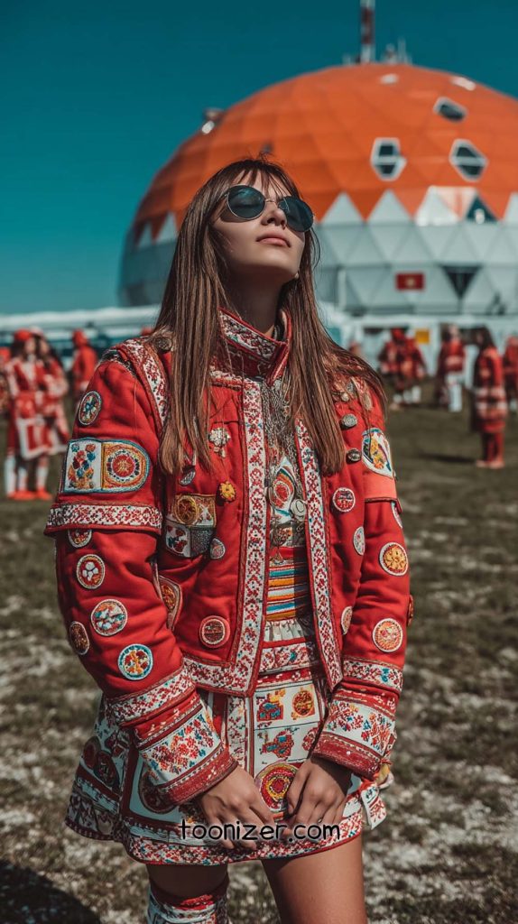 Person in traditional attire near geometric dome