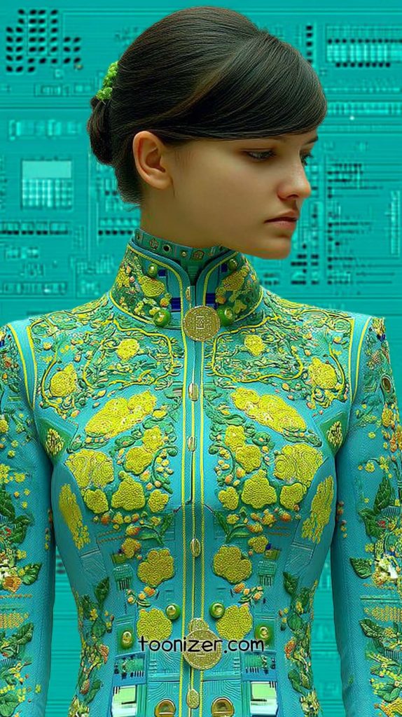 Futuristic fashion portrait with intricate patterns.